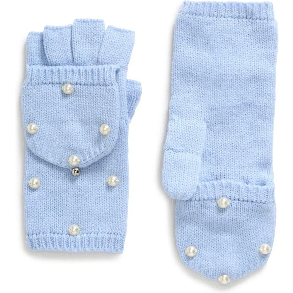 KATE SPADE PEARL EMBELLISHED POP TOP WOOL/ACRYLIC FINGERLESS GLOVES BLUE FOG NWO